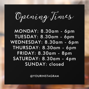 Opening hours business black modern minimalist window cling