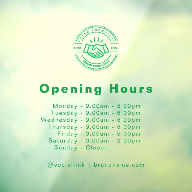 Opening Hours Business Logo Transparent Green Window Cling (Sheet 3)