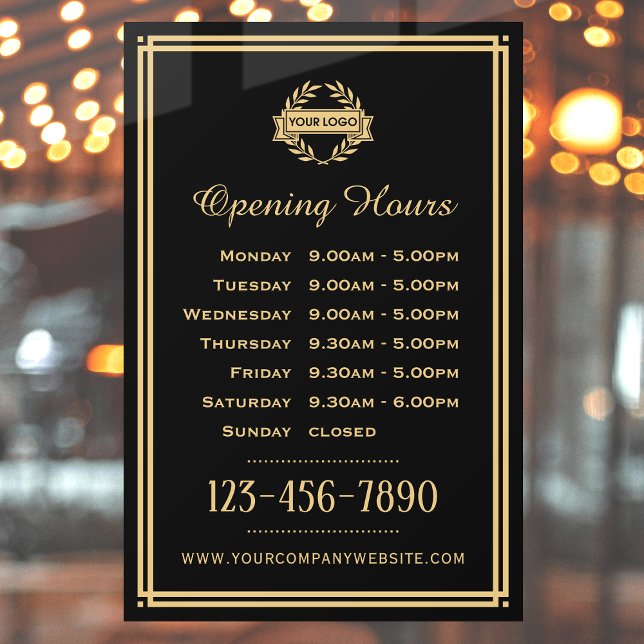 Opening Hours Classic Business Logo Black Gold Window Cling (Creator Uploaded)