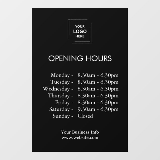 Opening Hours | Custom Business Logo Black  Wall Decal (Front)