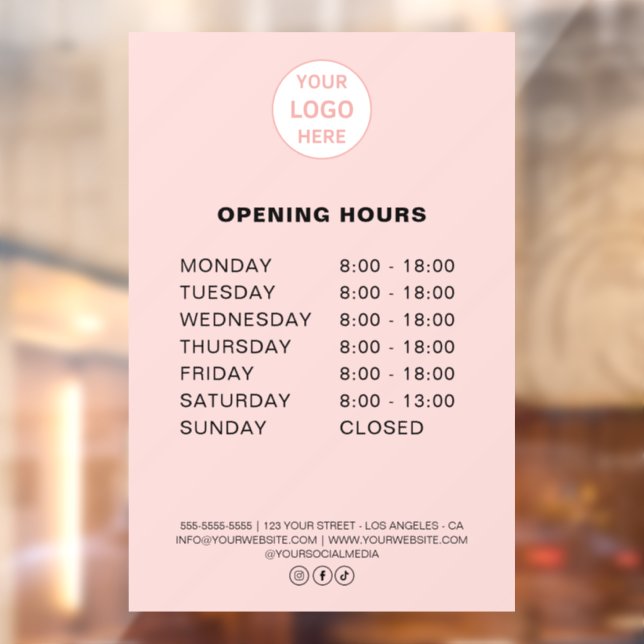 Opening Hours Custom Logo Pink Bakery Business Window Cling (Sheet 2)