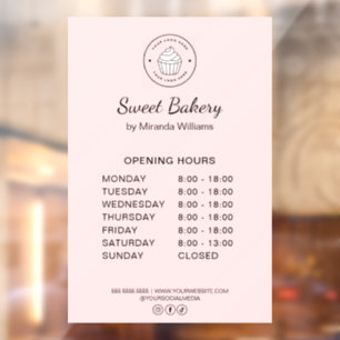 Opening Hours Custom Logo Pink Bakery Business Window Cling