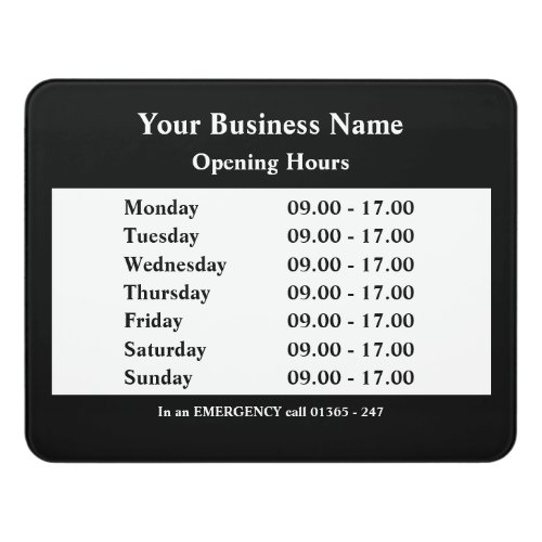 Opening hours door sign