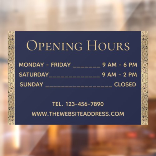 Opening Hours Elegant Vintage Navy Blue Gold Roses Window Cling