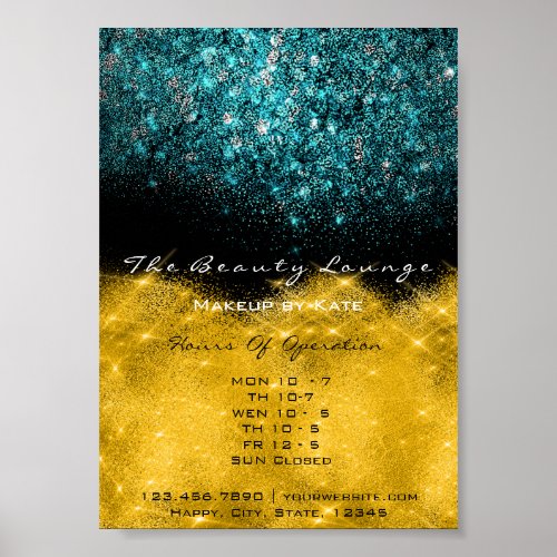 Opening Hours Gold Black White Confetti Teal Blue Poster