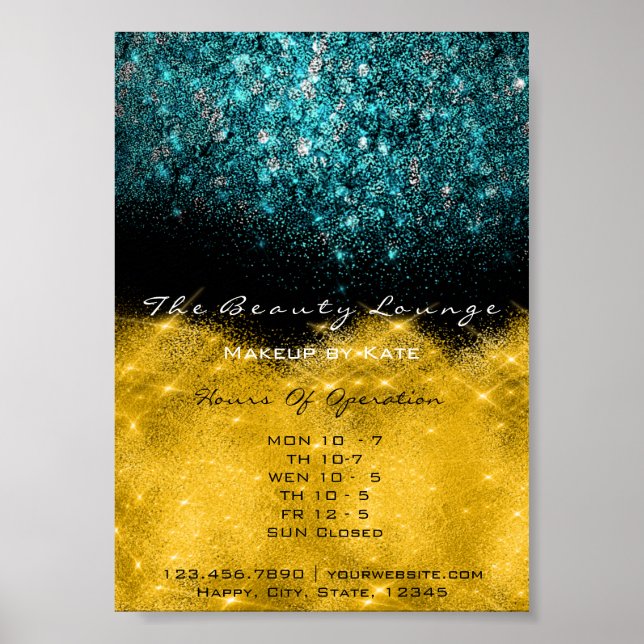 Opening Hours Gold Black White Confetti Teal Blue Poster (Front)