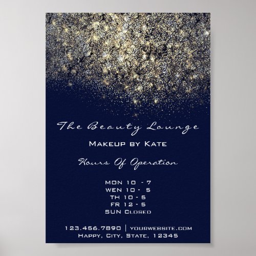 Opening Hours Gold Blue Navy Confetti Sequin Poster