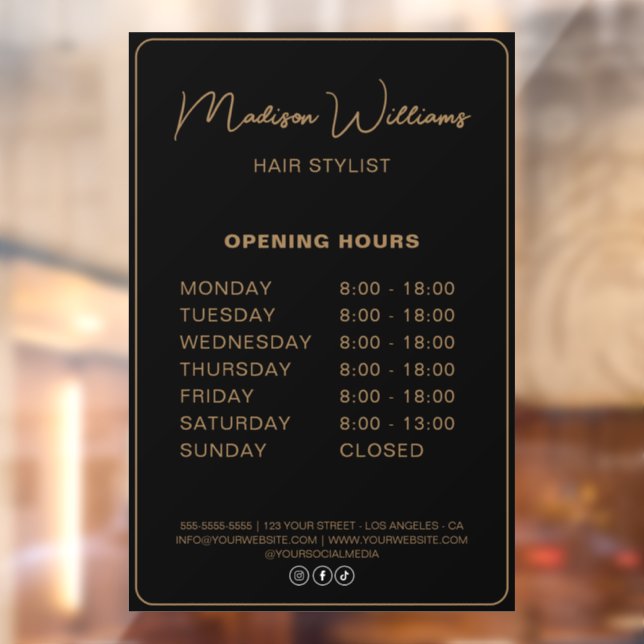 Opening Hours Hair Stylist Salon Black Gold Window Cling (Sheet 2)