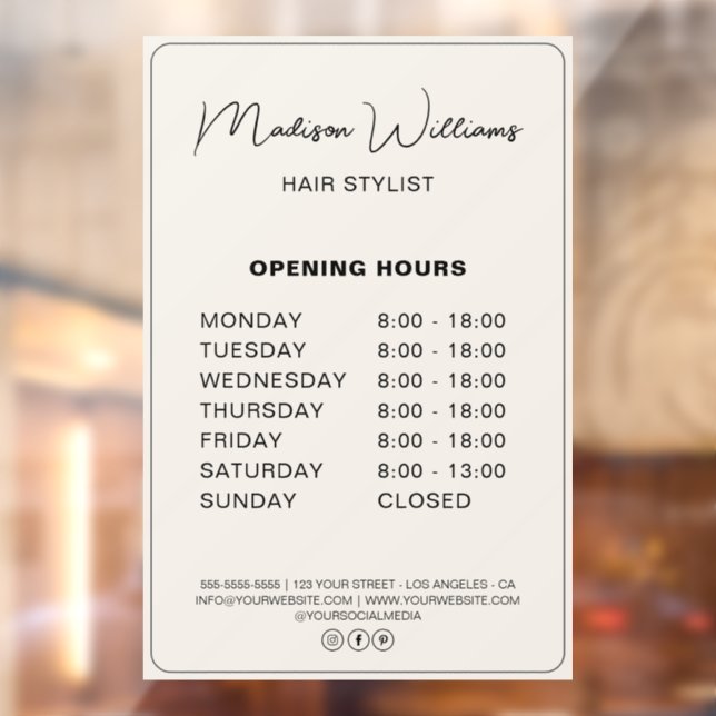 Opening Hours Hair Stylist Salon Window Cling (Sheet 2)