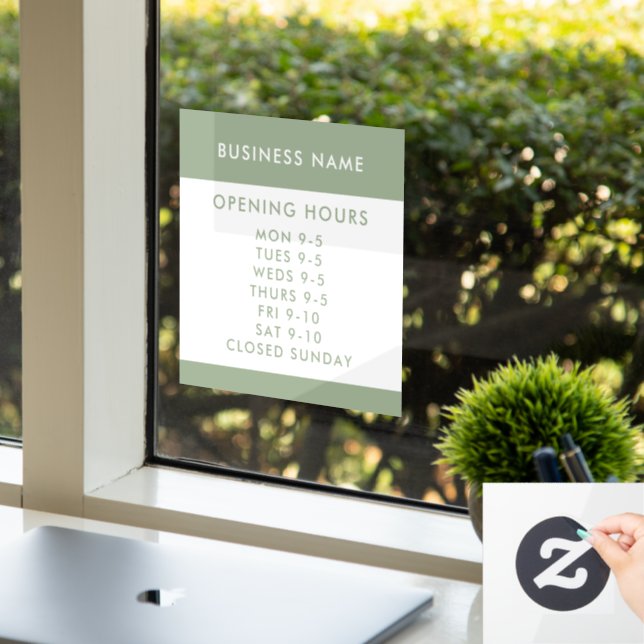 Opening Hours Modern Sage Green Business Window Cling (Office)