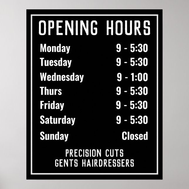 Opening Hours Price List Poster (Front)