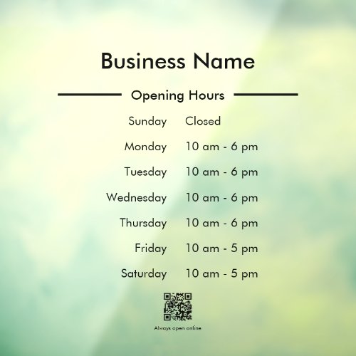 Opening Hours Schedule Business Name QR Code Clear Window Cling