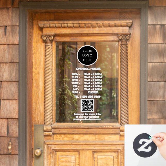 Opening Hours White Business Logo QR Code  Window Cling (Home Door)