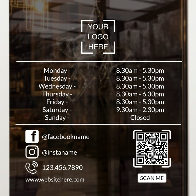 Opening Hours With QR Code Custom Business Logo Window Cling (Creator Uploaded)