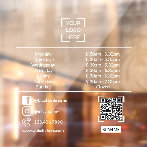 Opening Hours With QR Code Custom Business Logo Window Cling