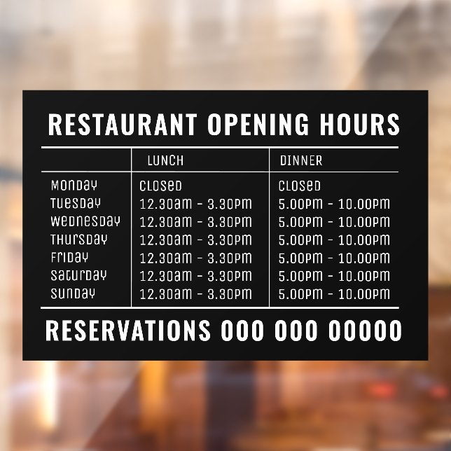 Opening Lunch & Dinner Hours Restaurant  Window Cling (Sheet 2)
