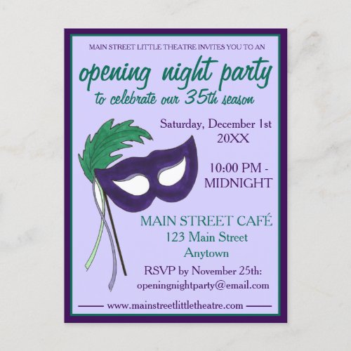 Opening Night Drama Club Masquerade Mask Party Invitation Postcard