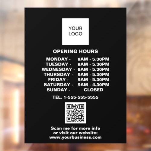 Opening times Black Business Logo QR Code  Window Cling