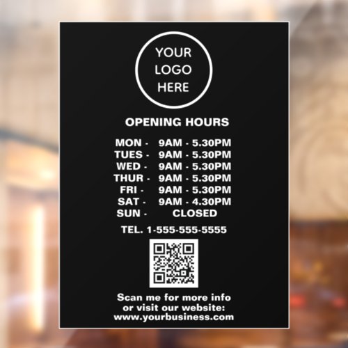 Opening times Black Business Logo QR Code  Window Cling