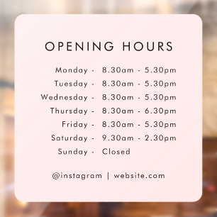 Opening Times Business Hours Blush Pink Window Cling