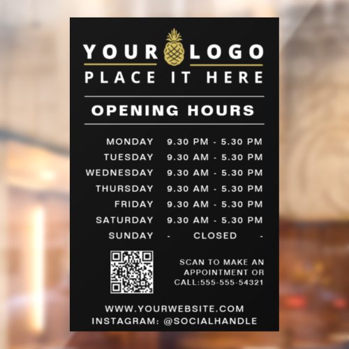 Opening Times  Business Logo Hours QR Code Black Window Cling