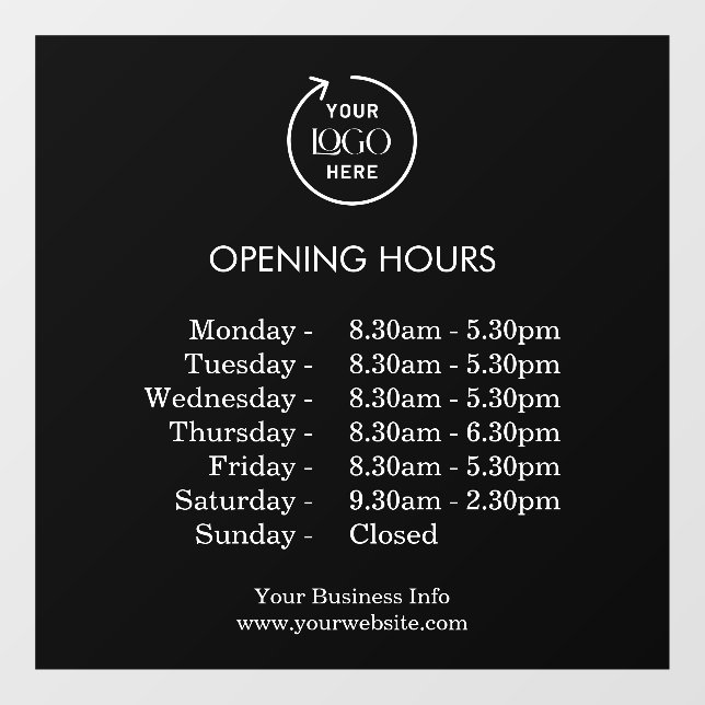Opening Times | Business Opening Hours Black Window Cling (Sheet)