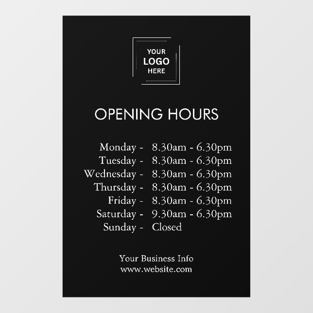 Opening Times | Custom Business Hours Black  Window Cling (Sheet)