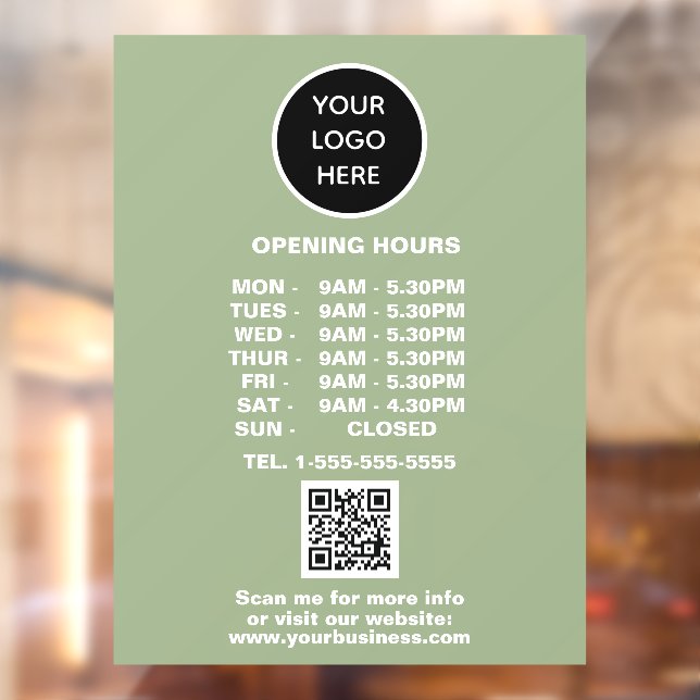 Opening times Sage Green Business Logo QR Code  Window Cling (Sheet 2)