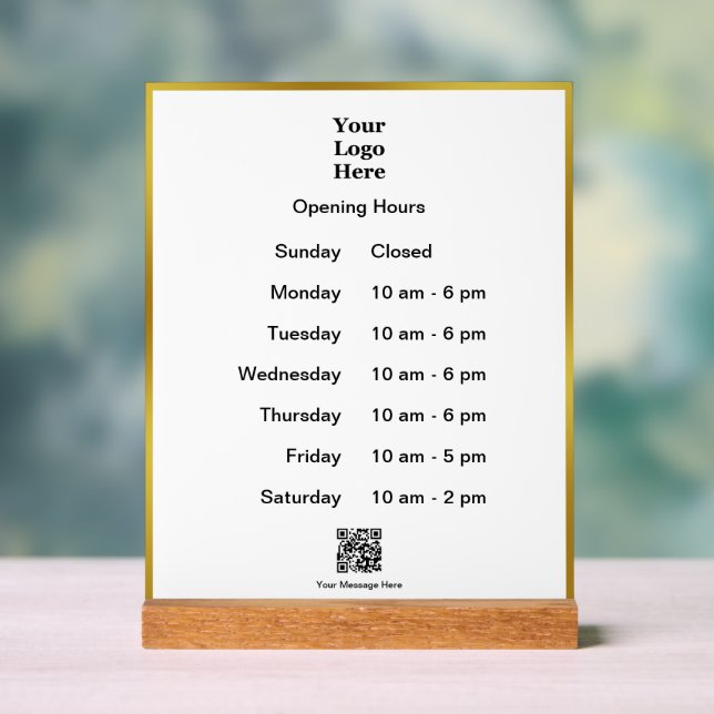 Opening Times White Gold Business Logo QR Code Acrylic Sign (Neutral)