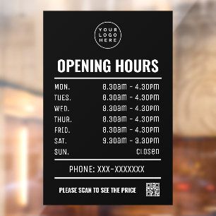 Opening Times With Qr Code And Business logo Window Cling