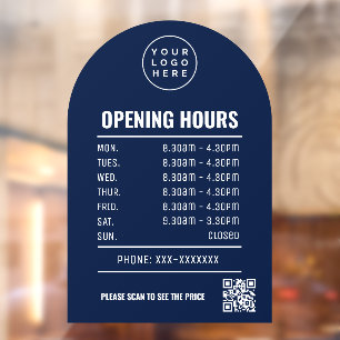Opening Times With Qr Code Logo And Navy Blue Arch Window Cling