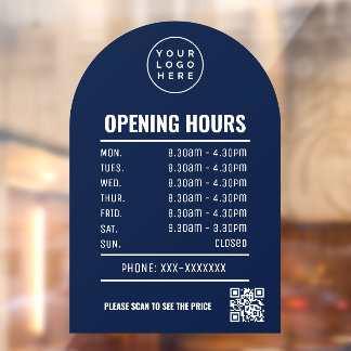Opening Times With Qr Code Logo And Navy Blue Arch Window Cling