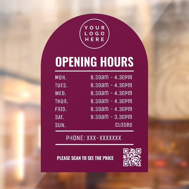 Opening Times With Qr Code Logo Burgundy Arch Window Cling (Sheet 2)