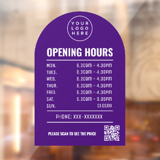 Opening Times With Qr Code Logo Purple Arch Window Cling