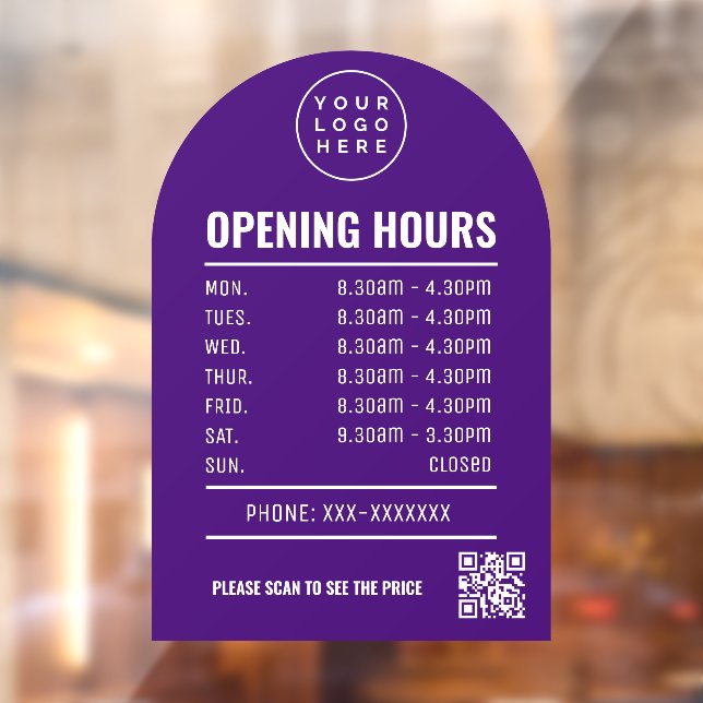 Opening Times With Qr Code Logo Purple Arch Window Cling (Sheet 2)