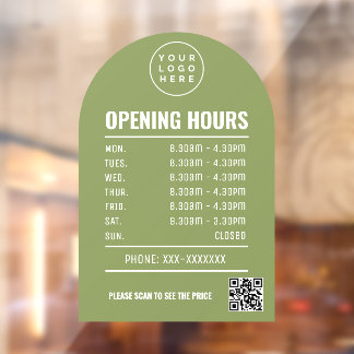 Opening Times With Qr Code Logo Sage Green Arch Window Cling