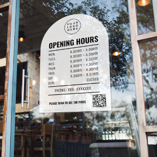 Opening Times With Qr Code Logo White Arch Window Cling