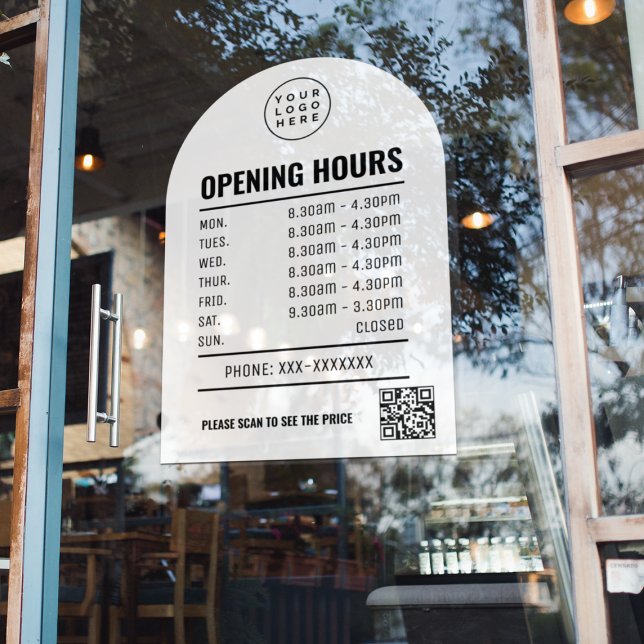 Opening Times With Qr Code Logo White Arch  Window Cling (Creator Uploaded)