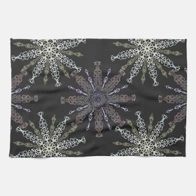 Openwork snowflakes on dark. kitchen towel (Horizontal)