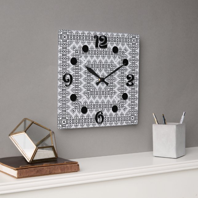 Openwork squares art deco retro black white square wall clock (Office)