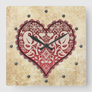 Openwork, vintage heart, vintage, heart, lace square wall clock