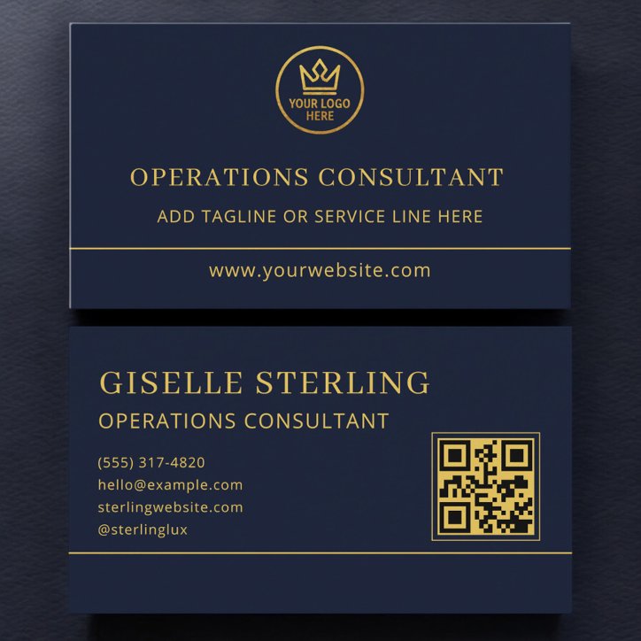 Operations Consultant Blue Gold Logo QR Code Business Card