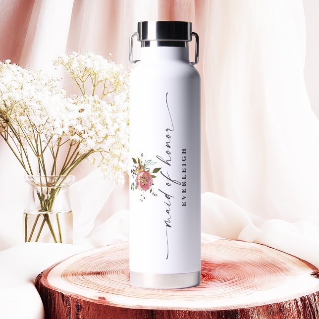 Ophelia Chic Dusty Pink Floral Maid of Honor Water Bottle (Say "I DO" to Romantic Watercolor Florals and a Cottagecore Vibe with the Ophelia Wedding Suite.)