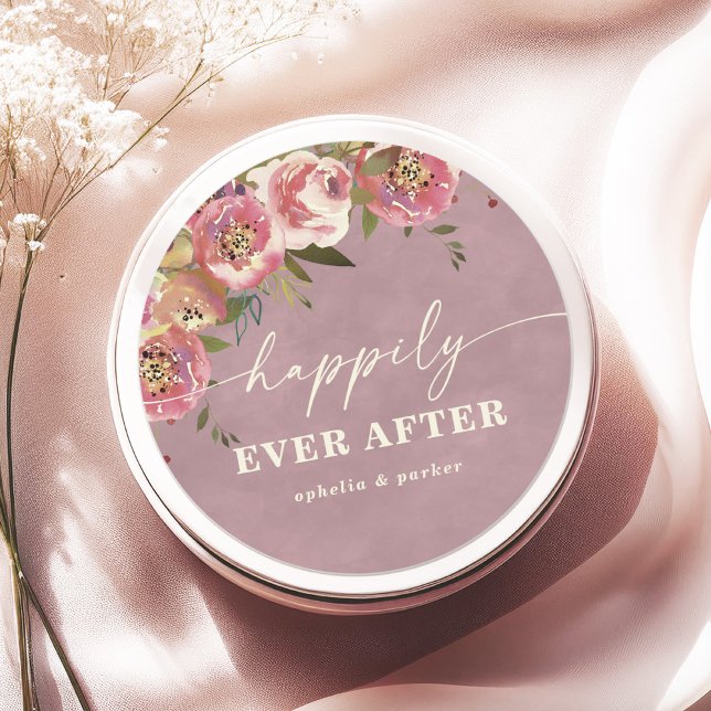 Ophelia Chic Pink Happily Ever After Wedding Favor Classic Round Sticker (Say "I DO" to Romantic Watercolor Florals and a Cottagecore Vibe with the Ophelia Wedding Suite.)