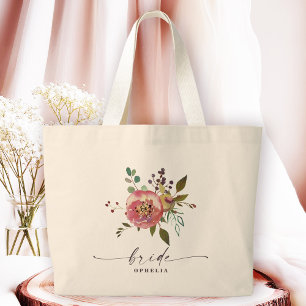 Ophelia Cottagecore Dusty Pink Floral Bride Large Tote Bag
