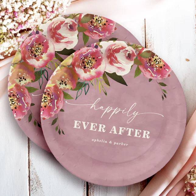 Ophelia Cottagecore Dusty Pink Floral Wedding Paper Plates | Zazzle