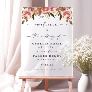 Ophelia Cottagecore Pink Floral Wedding Welcome Acrylic Sign