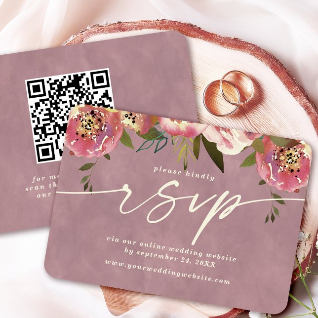 Ophelia Floral Dusty Pink Website QR Code RSVP Enclosure Card (Say "I DO" to Romantic Watercolor Florals and a Cottagecore Vibe with the Ophelia Wedding Suite.)