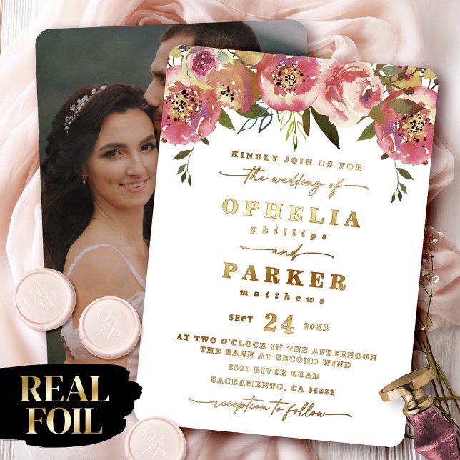 Ophelia Floral Engagement Photo Wedding Real Gold Foil Invitation (Say "I DO" to Romantic Watercolor Florals and a Cottagecore Vibe with the Ophelia Wedding Suite.)