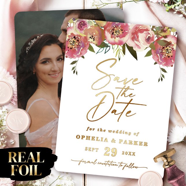 Ophelia Floral Photo Save the Date with Real Gold Foil Invitation (Say "I DO" to Romantic Watercolor Florals and a Cottagecore Vibe with the Ophelia Wedding Suite.)